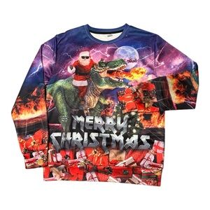 Santa Riding T-Rex Men’s S Small Crewneck Sweater with Festive Design